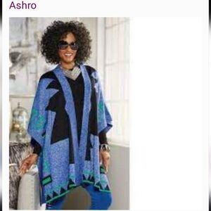 Ashro Vibrant Blue and Black Geometric Poncho NWOT
